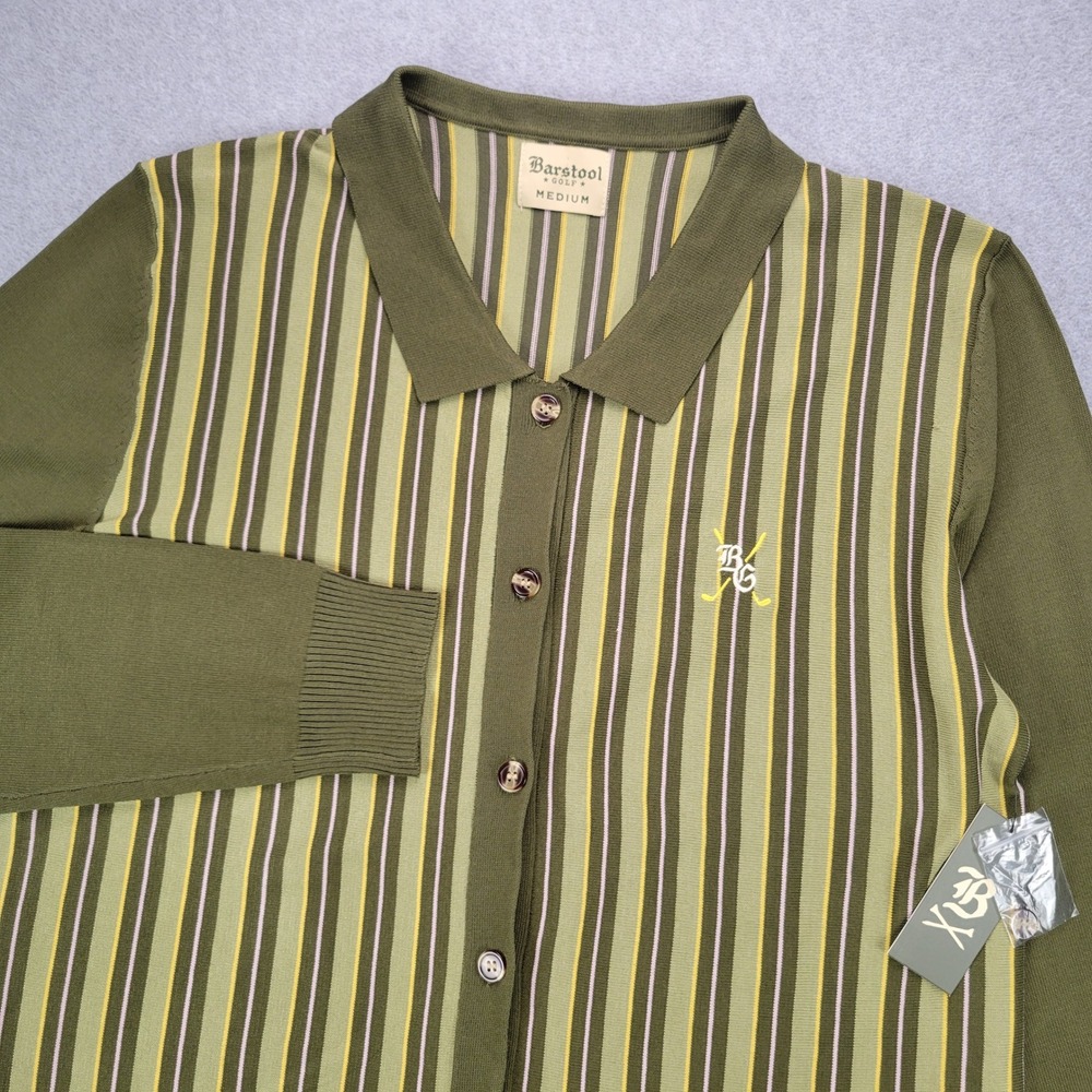 Barstool Golf Cardigan Mens Medium Olive Green Striped Olde Vintage Preppy